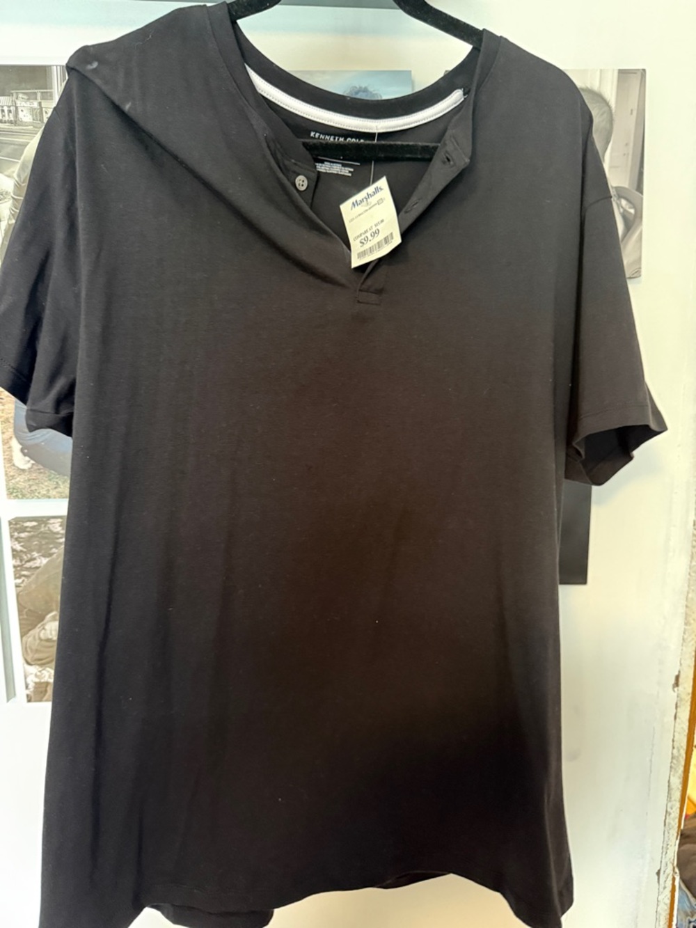 Kenneth Cole Black Short-Sleeve Hooded Henley Polo